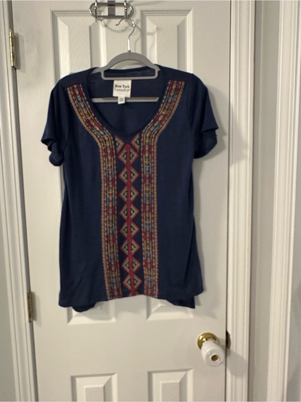 New York Laundry Navy Short-Sleeve V-Neck Top with Embroidered Front